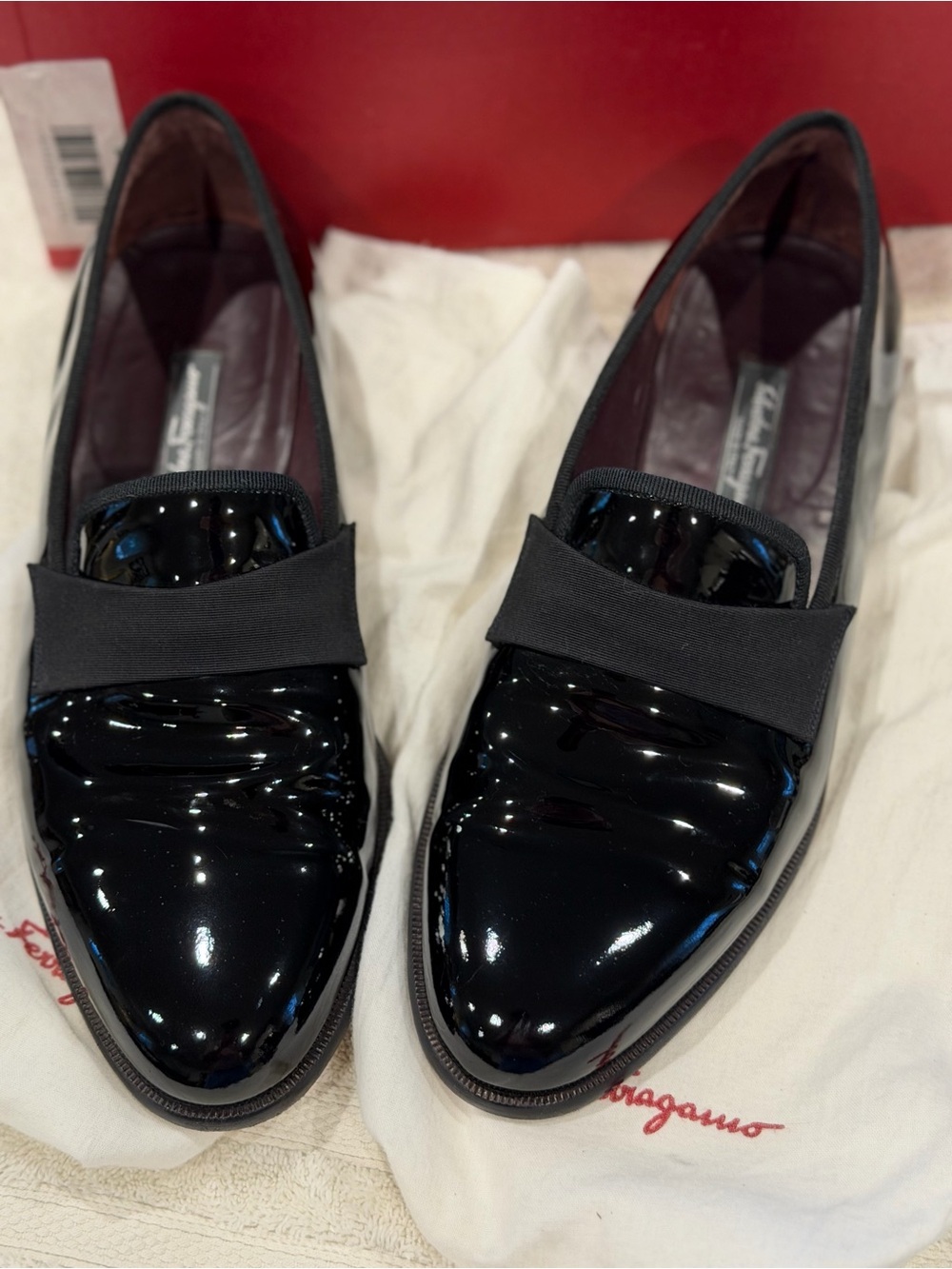 Salvatore Ferragamo Black Patent Leather Slip-On Loafers